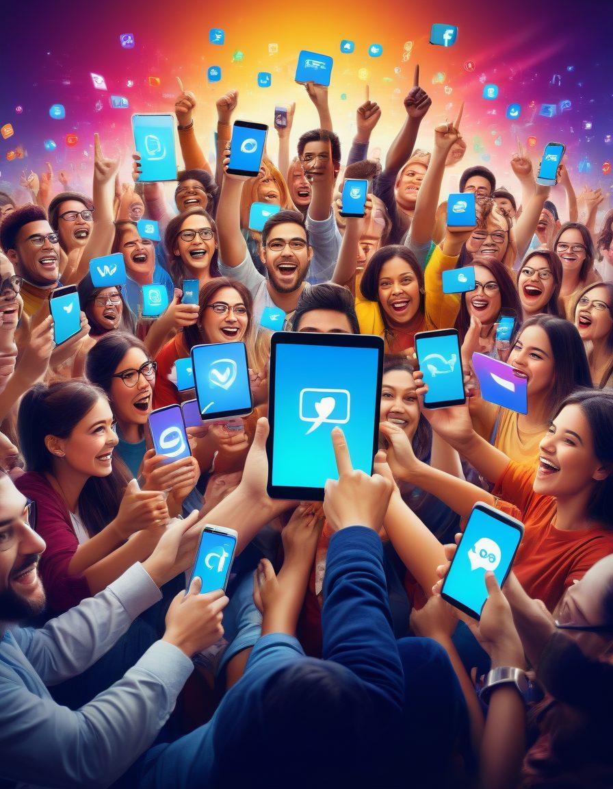 A dynamic illustration of a diverse group of enthusiastic supporters actively engaging with digital content on various devices. The scene captures the essence of community, featuring creative elements like comments, thumbs up, and shares swirling around them, symbolizing transformation from mere likes to deep loyalty. A backdrop of vibrant social media icons enhances the overall theme of digital engagement. super-realistic. vibrant colors. dynamic composition.