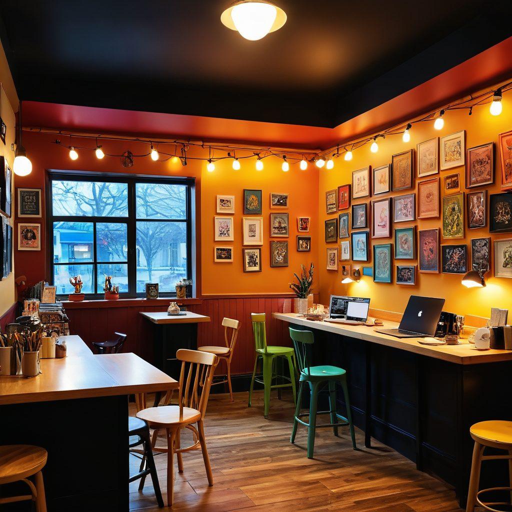 A lively scene depicting a diverse group of Simon fans engaging enthusiastically in a cozy cafe setting, surrounded by colorful fan art, handmade merchandise, and laptops with a blog interface open, showcasing camaraderie and creativity. The background features playful decorations like banners and posters, with warm lighting to create an inviting atmosphere. super-realistic. vibrant colors. 3D.